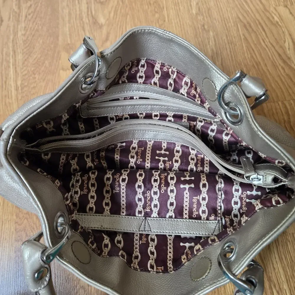 Tignanello Purse Metallic Gold Pebble Leather Handbag Tote Shoulder Bag READ